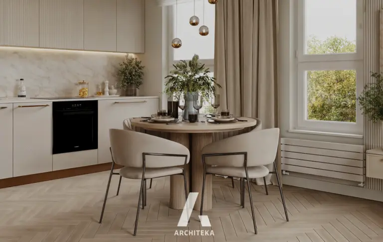Wnętrze kuchni w stylu minimalistycznym i soft minimalizm z okrągłym stołem.