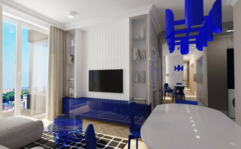Wnętrze salonu w stylu art deco i minimalistycznym z niebieskimi elementami