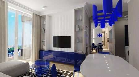 Wnętrze salonu w stylu art deco i minimalistycznym z niebieskimi elementami