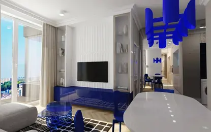 Wnętrze salonu w stylu art deco i minimalistycznym z niebieskimi elementami