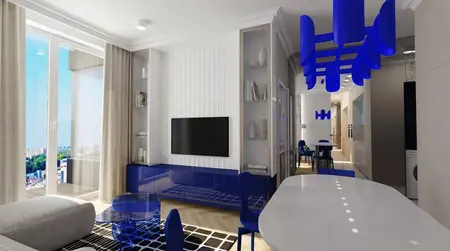 Wnętrze salonu w stylu art deco i minimalistycznym z niebieskimi elementami