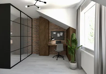 Wnętrze gabinetu z ceglaną ścianą i drewnianymi meblami w stylu industrialnym i soft minimalizm.