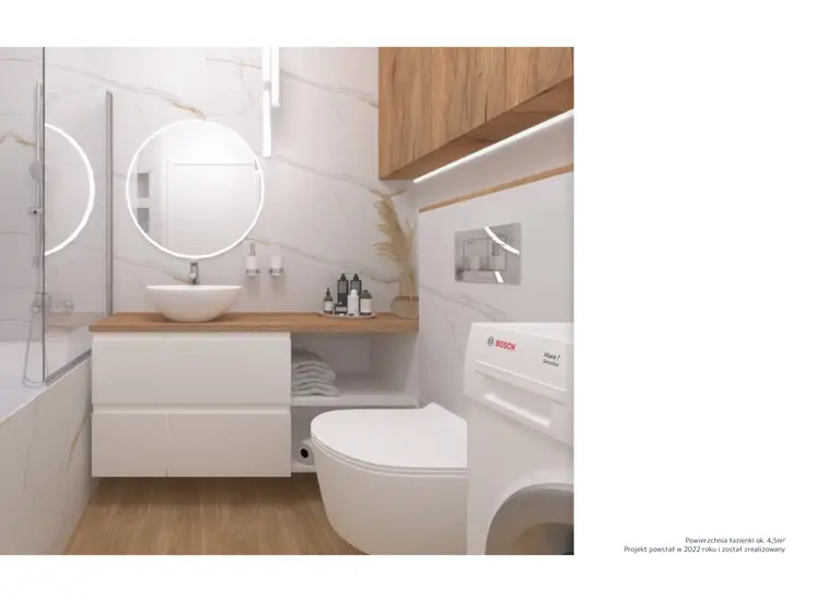 Wnętrze łazienki z minimalistycznym designem, współczesnymi meblami i drewnianymi akcentami.