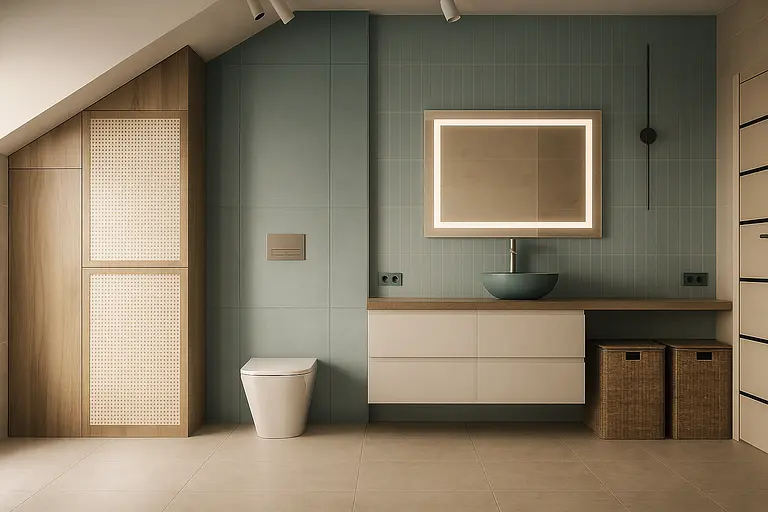 Stylowa łazienka z niebieskimi płytkami, drewnianymi elementami, minimalistycznym designem.