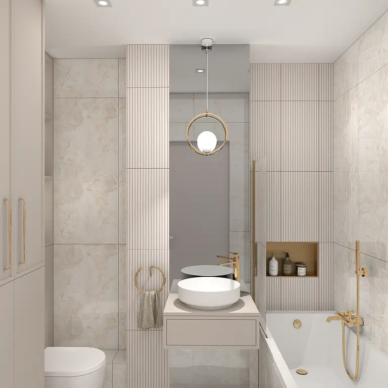 Nowoczesna łazienka glamour z białą umywalką i złotymi detalami.
