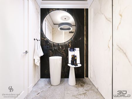 Nowoczesna łazienka z elementami glamour i quiet luxury.