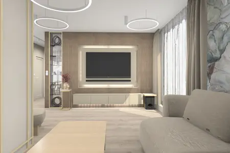 Wnętrze salonu w stylu glamour z beżową sofą i drewnianą dekoracją.