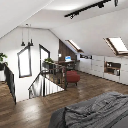 Poddasze w stylu industrialnym i minimalistycznym z biurkiem, czerwonym fotelem i roślinnością.