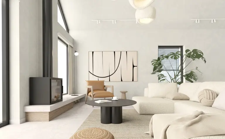Wnętrze salonu w stylu japandi, minimalistycznym z beżową sofą i roślinami.