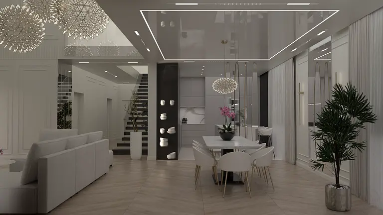 Nowoczesne wnętrze salonu z białymi meblami, drewnianą podłogą i lampami w stylu glamour.