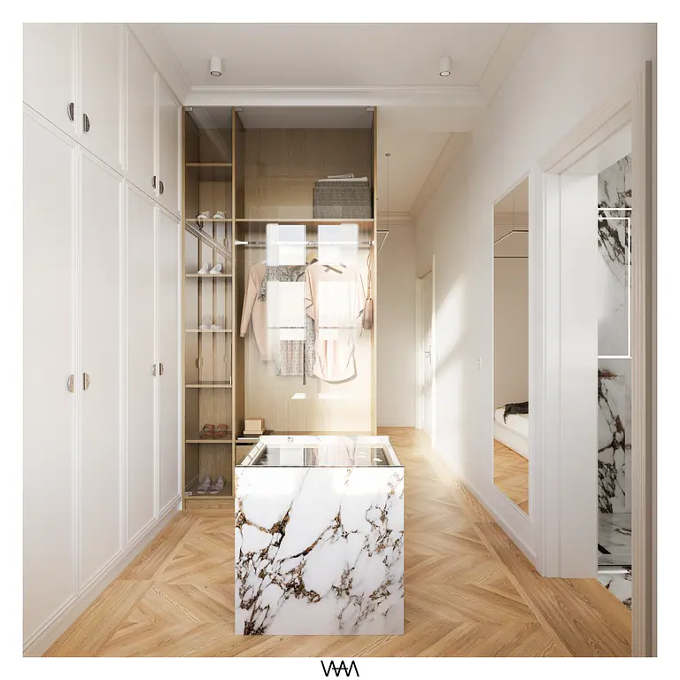 Garderoba w stylu soft minimalizm z marmurowym blatem i drewnianymi elementami.
