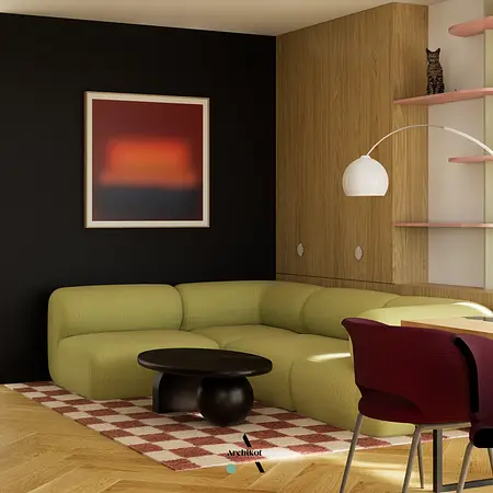 Wnętrze salonu w stylu art deco z zieloną sofą, czarnym stolikiem i drewnianymi akcentami.