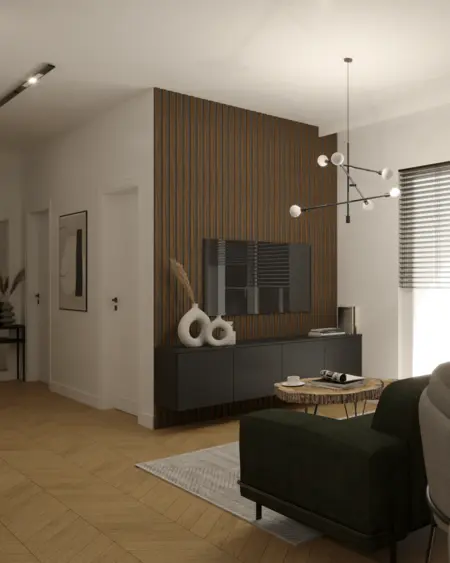 Wnętrze salonu w stylu industrialnym z minimalistycznymi akcentami, nowoczesne meble.