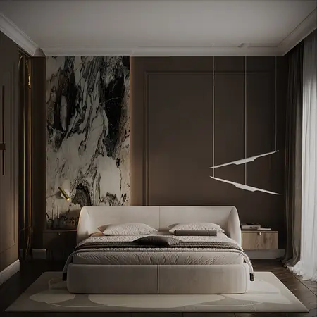 Sypialnia w stylu quiet luxury z jasnym łóżkiem i marmurową ścianą