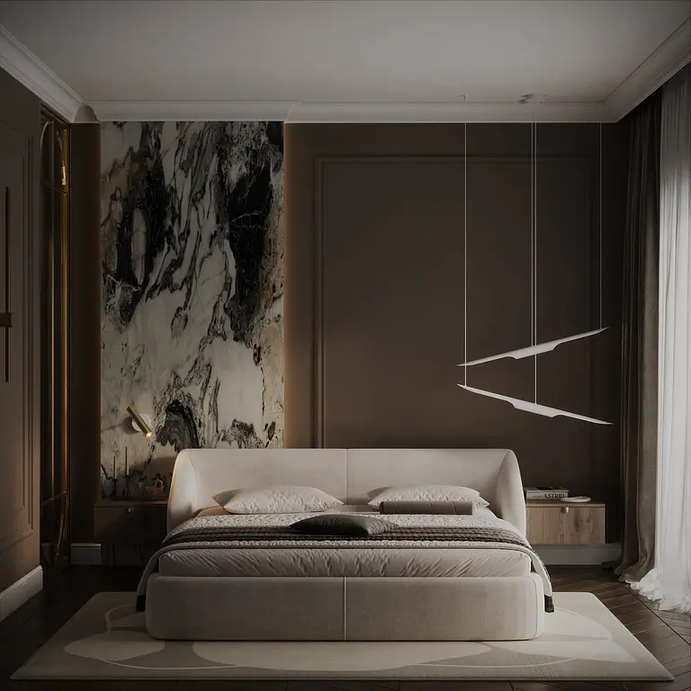 Sypialnia w stylu quiet luxury z jasnym łóżkiem i marmurową ścianą