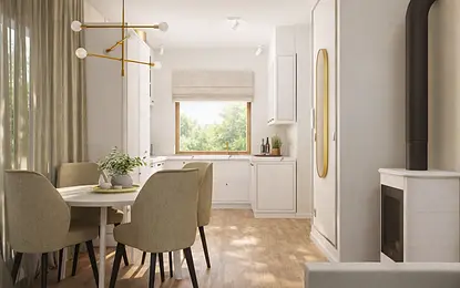 Wnętrze kuchni w stylu minimalistycznym z drewnianym stołem i białymi meblami.