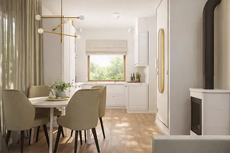 Wnętrze kuchni w stylu minimalistycznym z drewnianym stołem i białymi meblami.