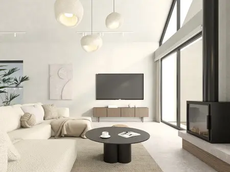 Wnętrze salonu w stylu japandi, minimalistycznym i współczesnym z jasnymi meblami.