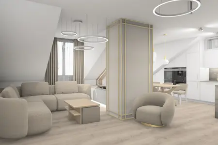 Wnętrze salonu glamour z jasnymi meblami i drewnianą podłogą.