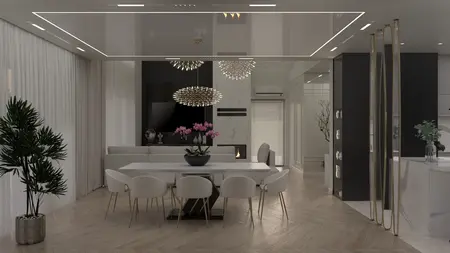 Wnętrze jadalni z białym stołem, eleganckimi krzesłami i nowoczesnymi lampami.