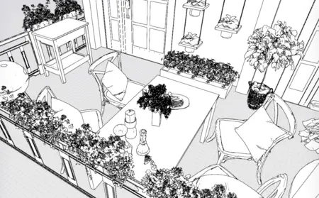 Balkon w stylu rustykalnym z roślinami i drewnianym stołem