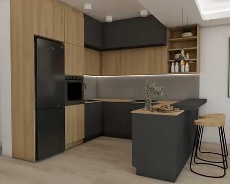 Kuchnia industrialna z minimalistycznymi meblami i nowoczesnymi akcentami.