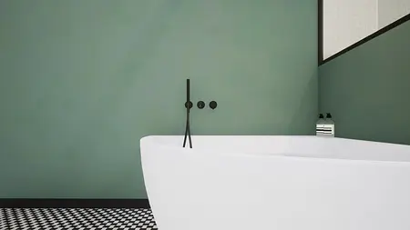 Nowoczesna łazienka w stylu art deco i vintage z białą wanną i zielonymi ścianami.