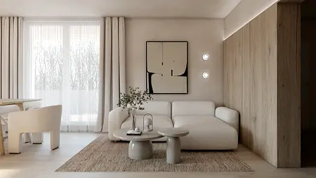 Wnętrze salonu w stylu japandi i soft minimalizm z jasnymi meblami.