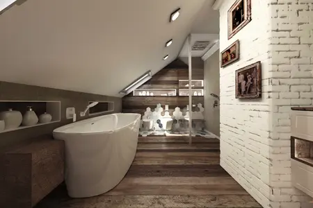 Wnętrze łazienki w stylu skandynawskim z wanną i drewnianymi detalami.
