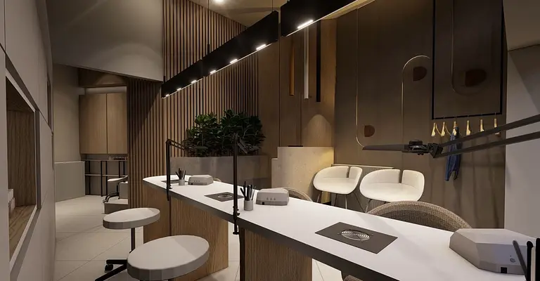 Wnętrze z drewnianym blatem, białymi krzesłami i roślinami w stylu boho, japandi i minimalistycznym.