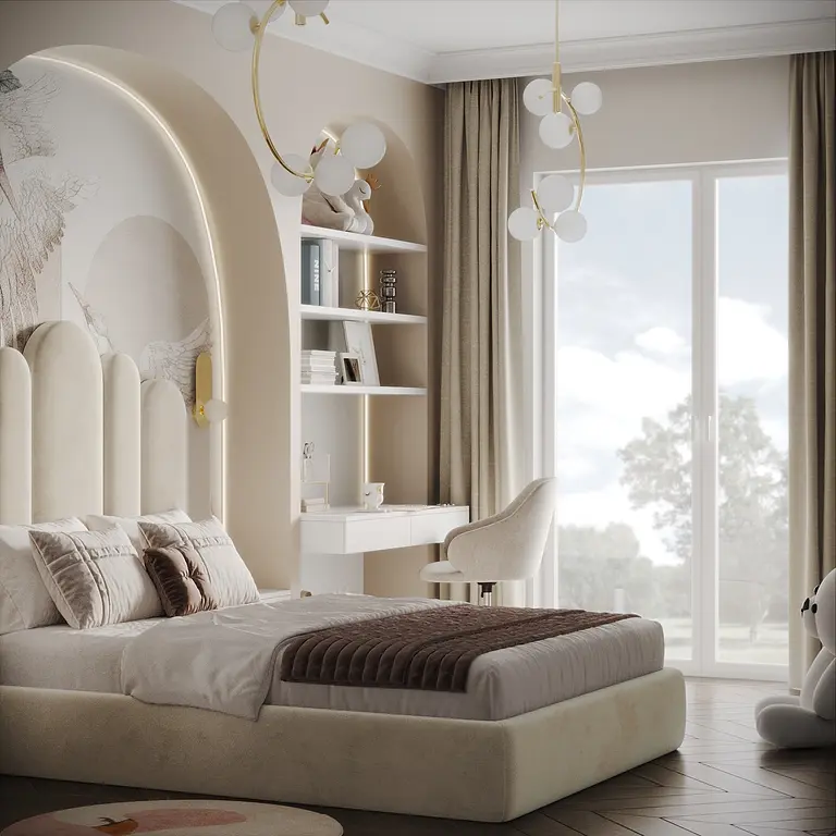 Sypialnia w stylu quiet luxury z beżowym łóżkiem i białymi meblami.