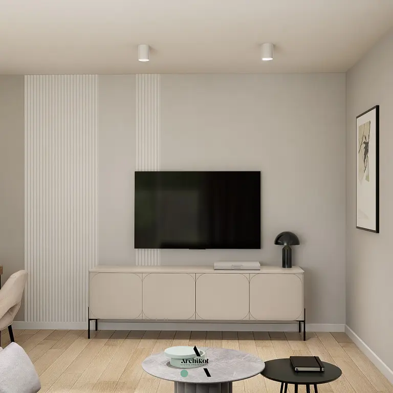 Wnętrze salonu z telewizorem, białą komodą i nowoczesną lampą.