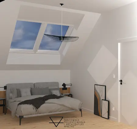 Sypialnia minimalistyczna z szarym łóżkiem i oknami dachowymi