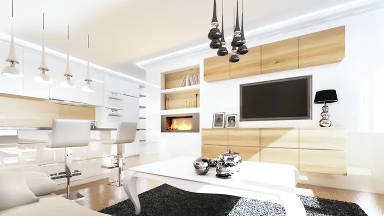 Wnętrze salonu w stylu glamour z białymi meblami, drewnem i minimalistycznymi detalami.