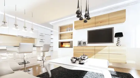 Wnętrze salonu w stylu glamour z białymi meblami, drewnem i minimalistycznymi detalami.