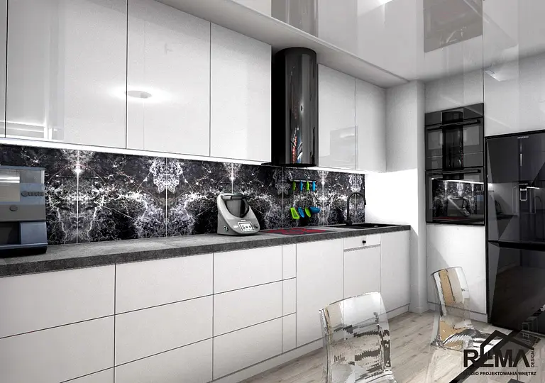 Kuchnia w stylu industrialnym i minimalistycznym z białymi meblami i czarnym blatem.