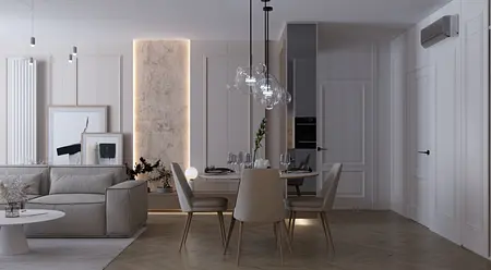 Wnętrze jadalni w stylu minimalistycznym z art deco i współczesnym akcentem.