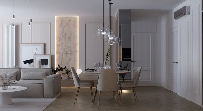 Wnętrze jadalni w stylu minimalistycznym z art deco i współczesnym akcentem.