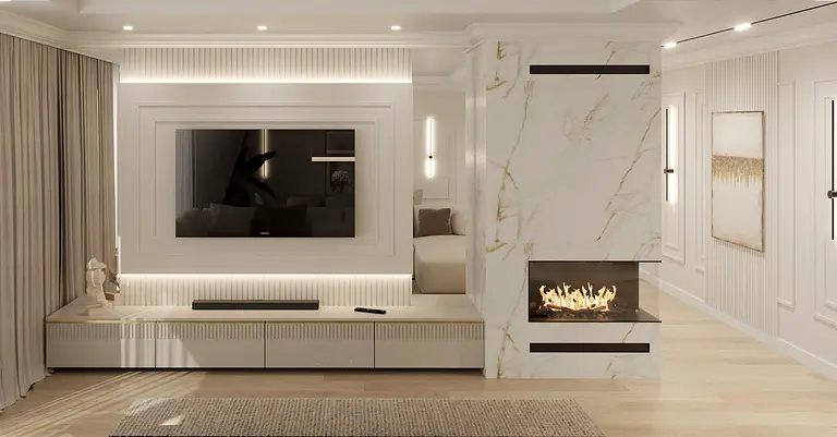 Wnętrze salonu z białymi meblami, kominkiem oraz elementami art deco i glamour.