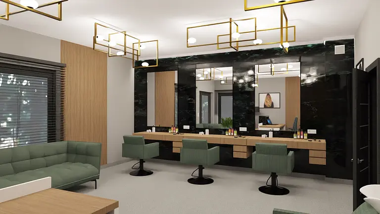 Wnętrze salonu z glamour i industrialnym stylem, zielone fotele, drewniany blat, lustra.