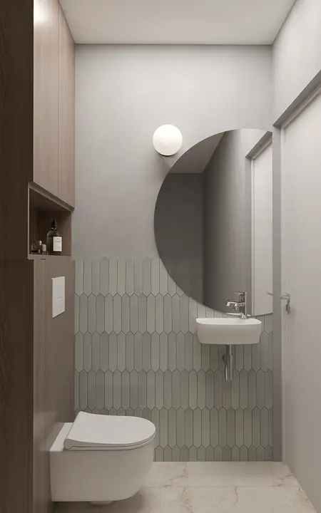 Minimalistyczna łazienka w stylu japandi z drewnianymi elementami.