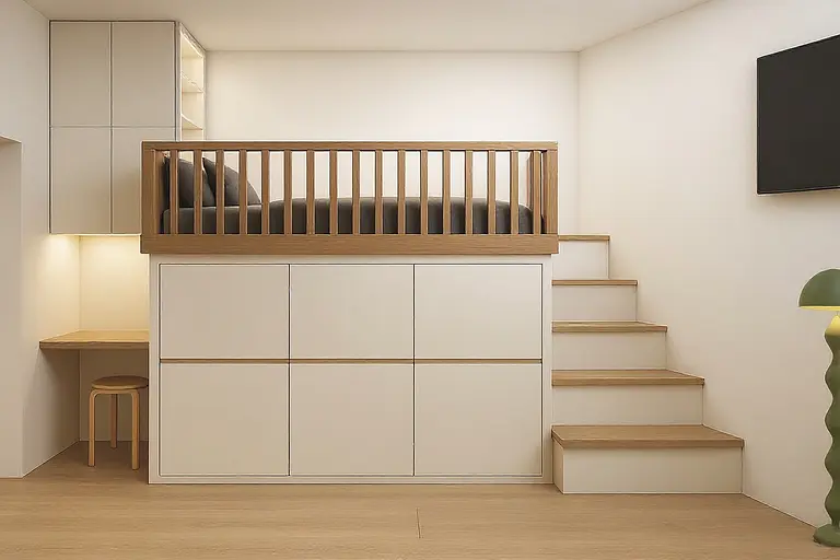 Wnętrze w stylu boho, industrialnym i minimalistycznym z podestem.