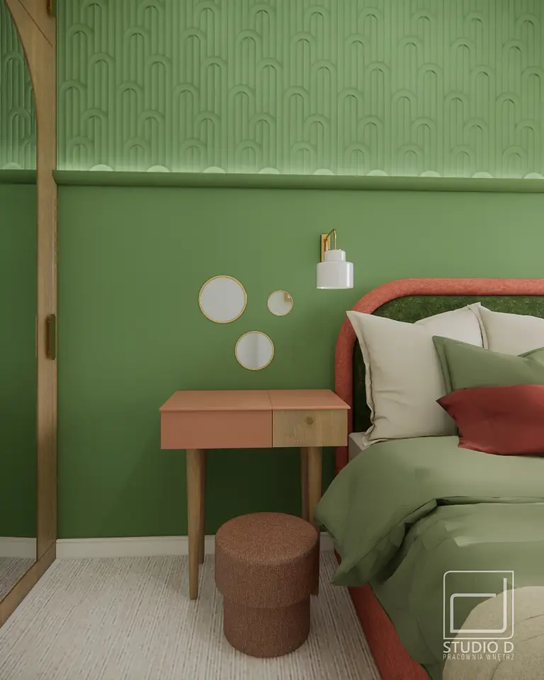 Sypialnia w stylu boho, eklektycznym, japandi i soft minimalizm z zieloną ścianą.