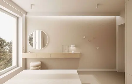 Wnętrze sypialni w stylu japandi i minimalistycznym z jasnymi meblami.