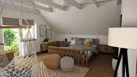 Wnętrze sypialni z nowoczesnym łóżkiem, drewnianymi meblami i współczesnymi detalami.