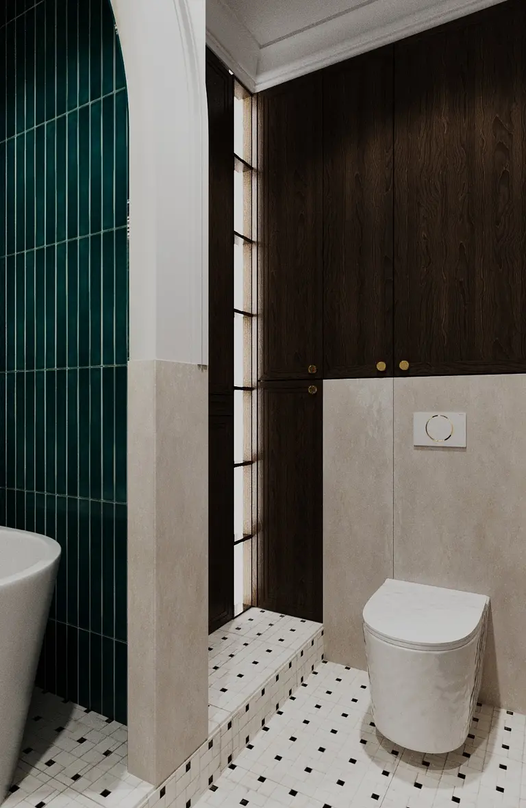 Wnętrze łazienki z zielonymi płytkami i drewnianymi meblami, styl art deco, eklektyczny, minimalistyczny, tradycyjny.
