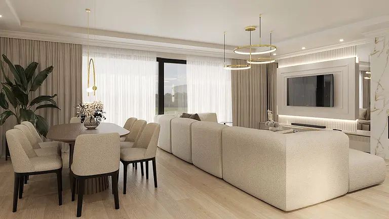 Wnętrze salonu w stylu art deco, glamour i nowoczesnym z jasnymi meblami.