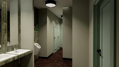 Wnętrze łazienki z dwiema umywalkami, zielonymi płytkami i eklektycznym stylem.