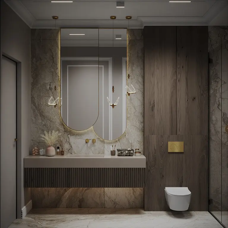 Elegancka łazienka z drewnianymi akcentami i marmurową ścianą w stylu quiet luxury.