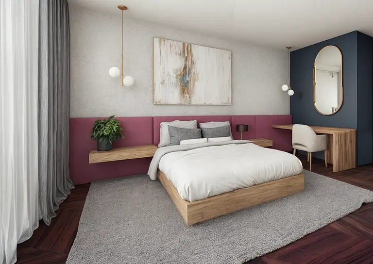 Sypialnia w stylu art deco z drewnianym łóżkiem, różowymi ścianami i nowoczesnym biurkiem.